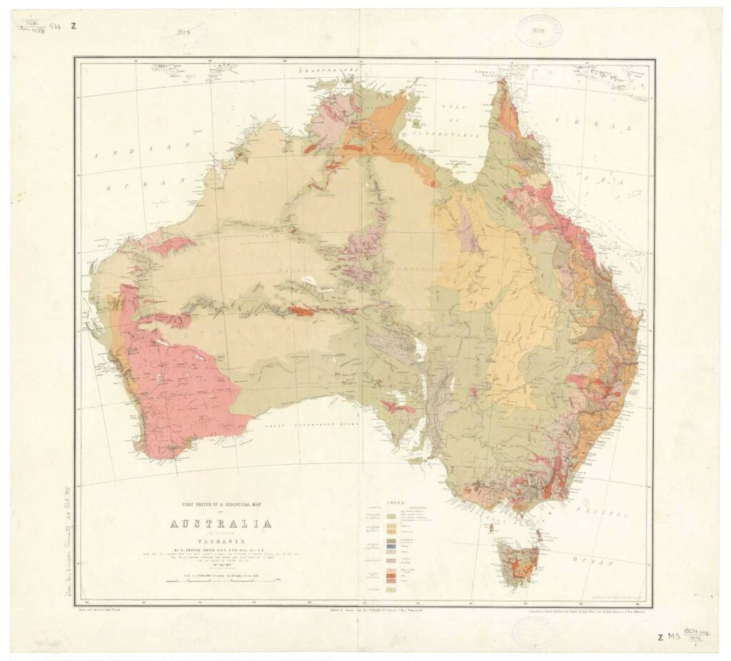 First sketch of a geological map of Australia including Tasmania, 1876